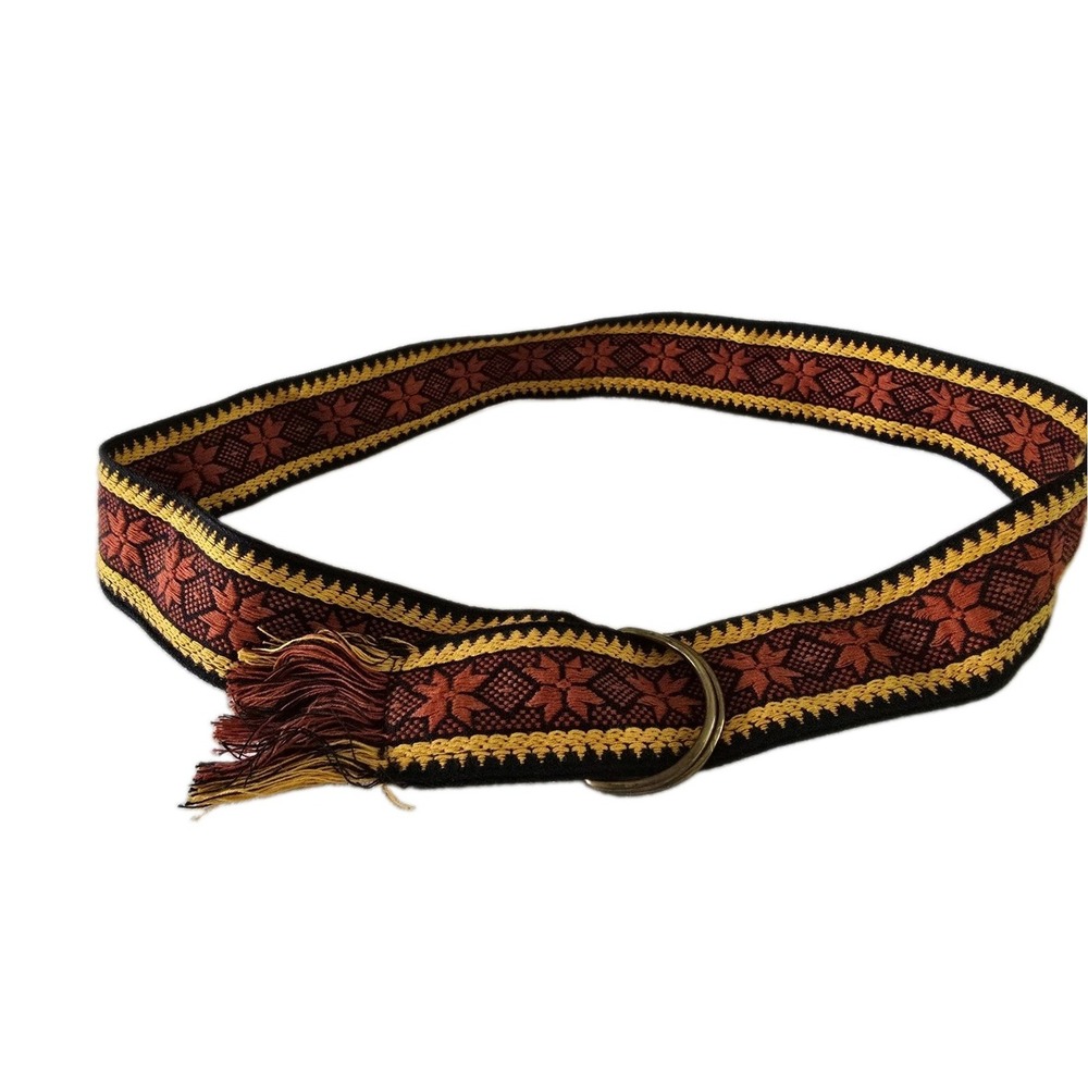 Womens 70s Vintage Woven Red Fabric Belt Brass D Buckle Star Pattern